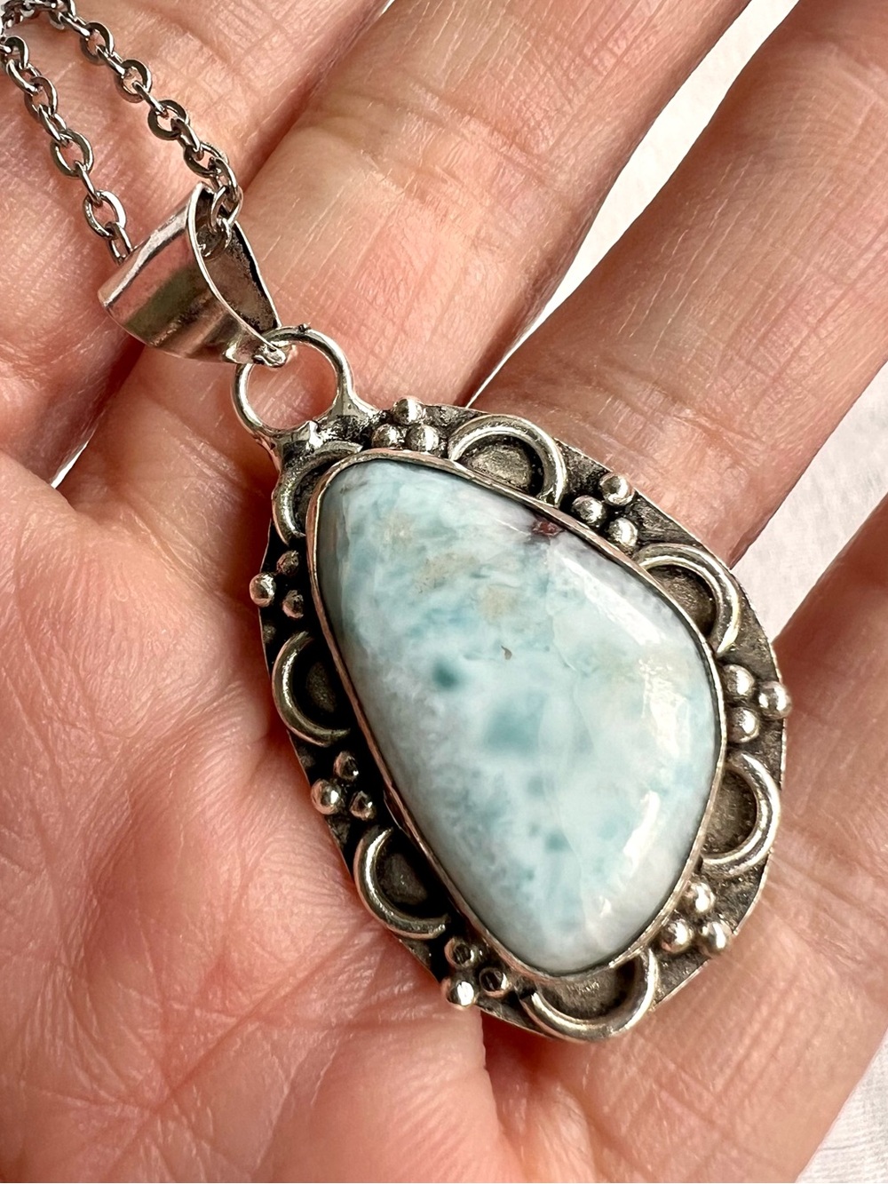 925 Caribbean Larimar Organic Shaped Pendant Necklace - Picture 3 of 9